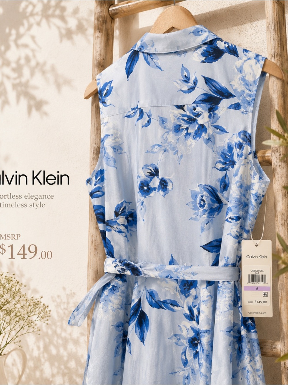 Calvin Klein Light Blue and Blue Floral Collared Midi Dress - Picture 7 of 7